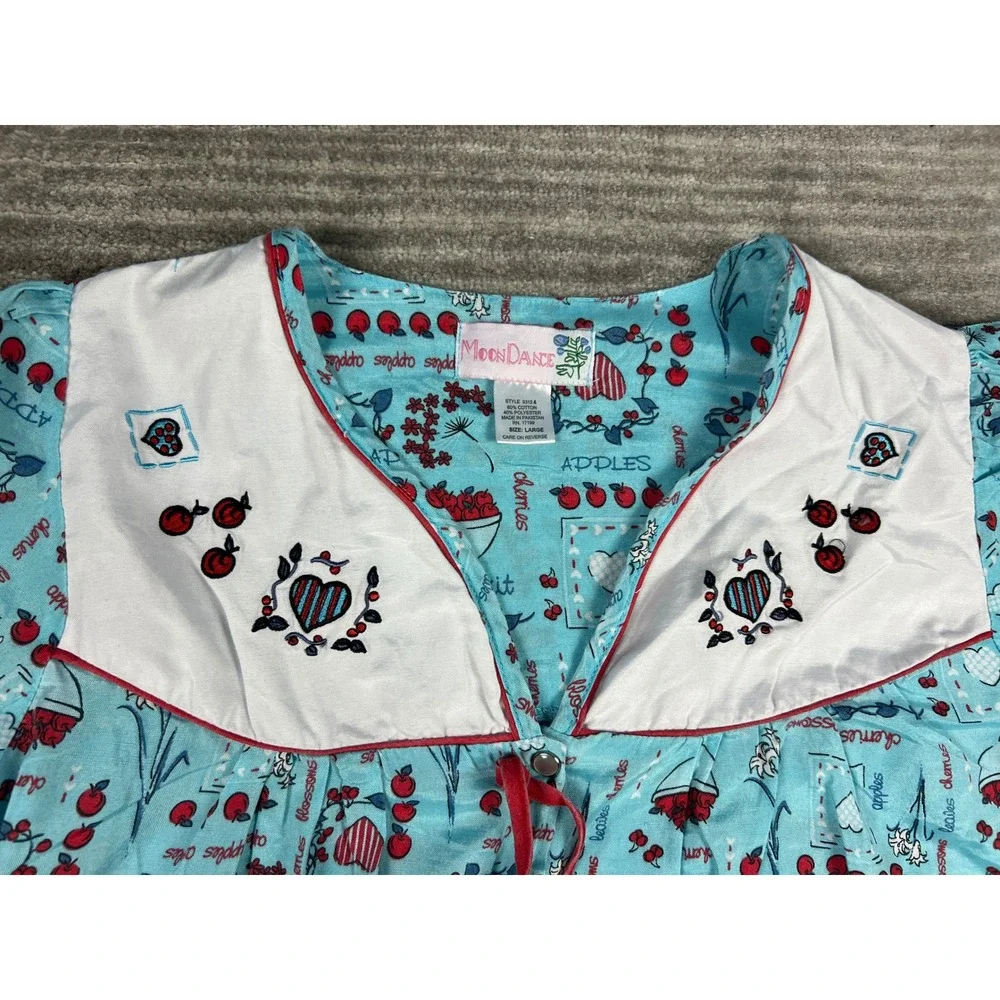 Moon Dance House Dress Women L Blue Fruit Hearts Snap Front Vintage Duster 93124 - Picture 4 of 13